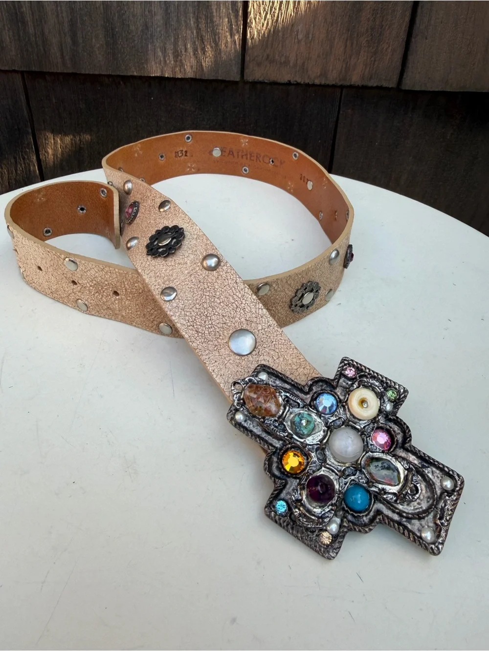 Vintage Y2K Leatherock distressed beige leather belt studs & cross stones Sz M